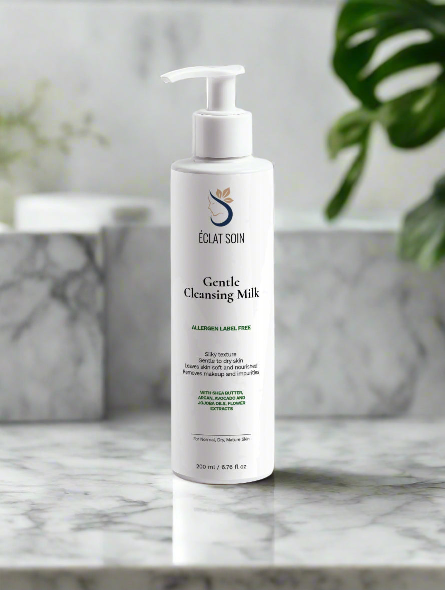 Eclat Soin Allergen Label Free Gentle Cleansing Milk in a sleek bottle on a marble countertop